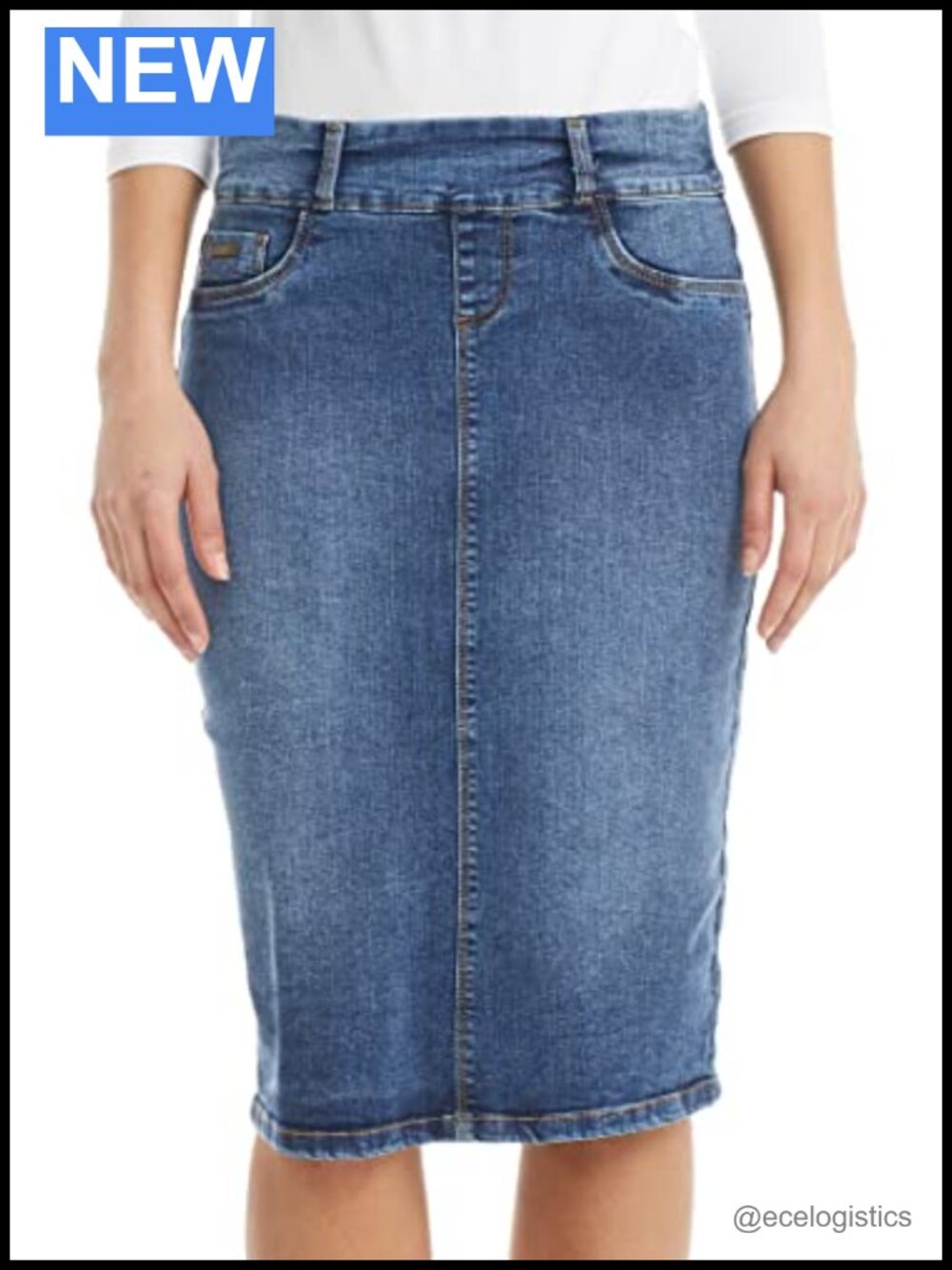 Stretch Denim Jean Skirt High Rise Pull On Straight Below Knee Sizes 0-24